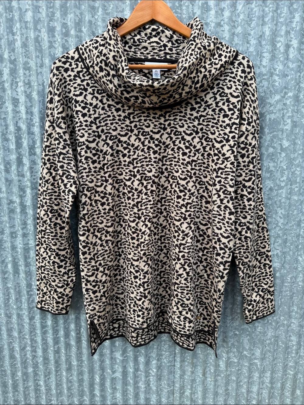 Calvin Klein Leopard Print Cowl Neck Sweater - Beige & Black, Medium